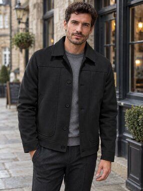 Men’s Black Button Front Short Coat Collared Preppy Jacket